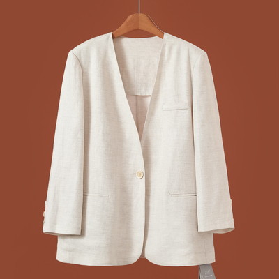 899 78%莱赛尔【境】春装 无领子一粒扣含亚麻直筒西装外套020