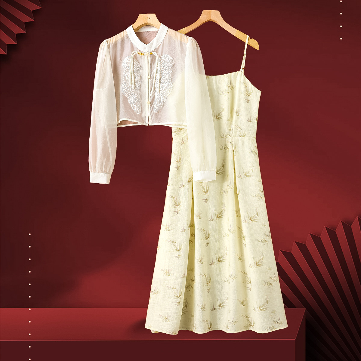 西湖阁老【佐】春季 刺绣衬衫+吊带连衣裙两件套671