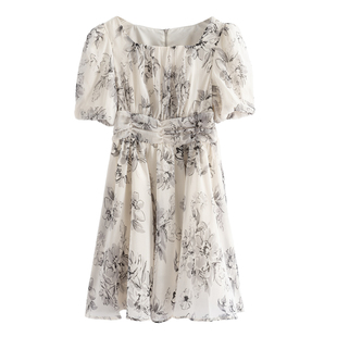 收褶高腰修身 夏季 方领印花连衣裙YM202弜 尹 西湖阁老