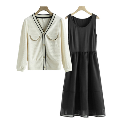 西湖阁老【青】春季 链条包边假口袋上衣+无袖连衣裙 套装QH636