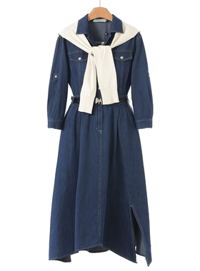 1199西湖阁老【栖】春装 针织披肩不规则开叉牛仔连衣裙132