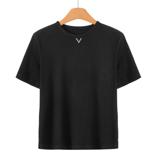 圆领金属V扣罗纹修身 399 春装 栖 开叉T恤853 72%粘纤