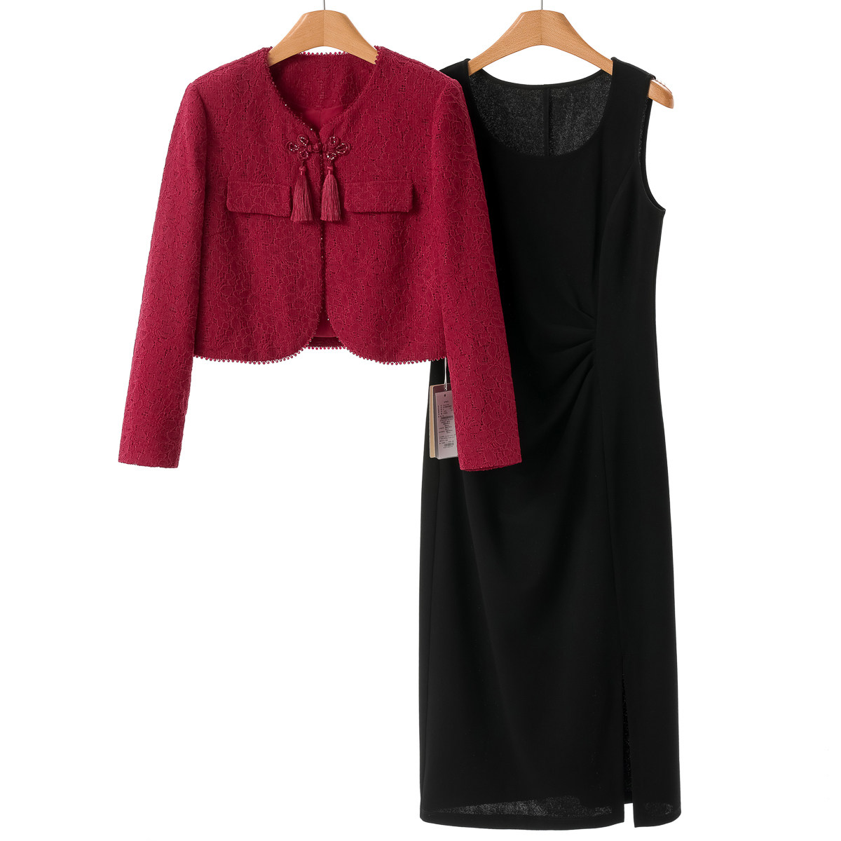 西湖阁老【朗】春装 串珠吊穗外套+收褶开叉连衣裙国风套装168