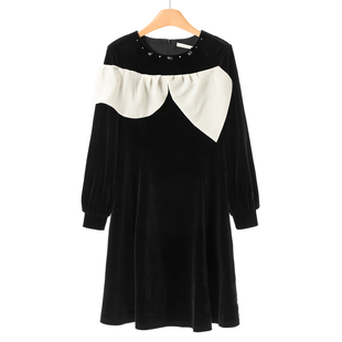 法式 冬装 圆领荷叶边拼接钉钻丝绒连衣裙809 文 899西湖阁老