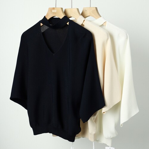 899西湖阁老【缇】轻奢春季 挂脖式V领修身蝙蝠袖薄针织衫026