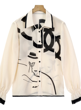 过西湖阁老【奢】夏春 100桑蚕丝真丝蕾丝喇叭袖印花衬衫SL538