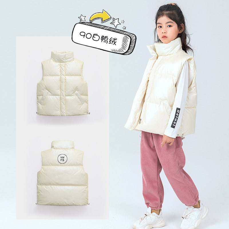 秋冬新款女童男童小孩中小大童加厚坎肩立领纯色羽绒服马甲背心