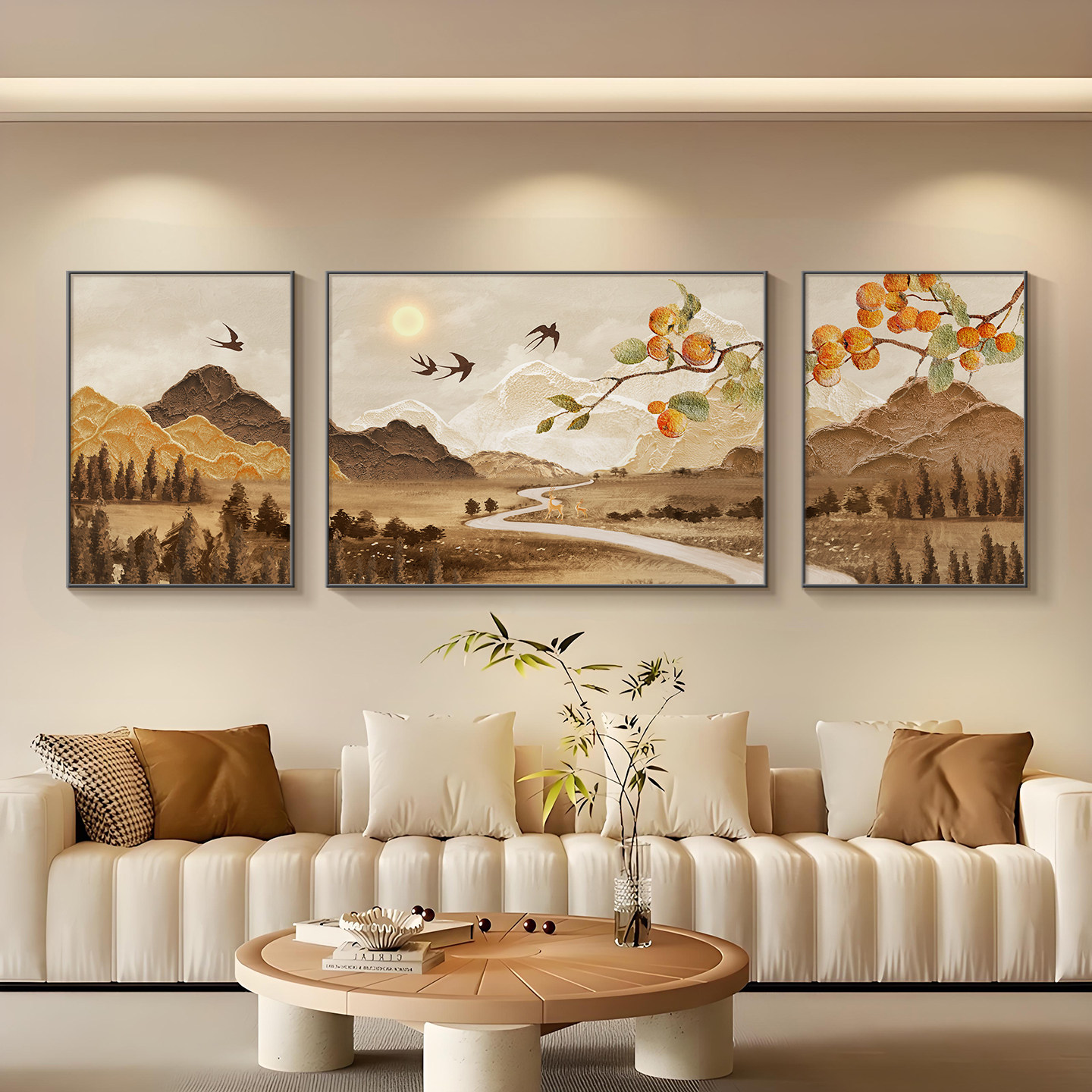 山水画 画客厅挂画 画高级感流水生财2025新款三联沙发背景墙装饰