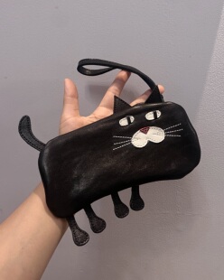 独行野兽小黑猫卡包零钱包小化妆包2025新款头层植鞣牛皮真皮
