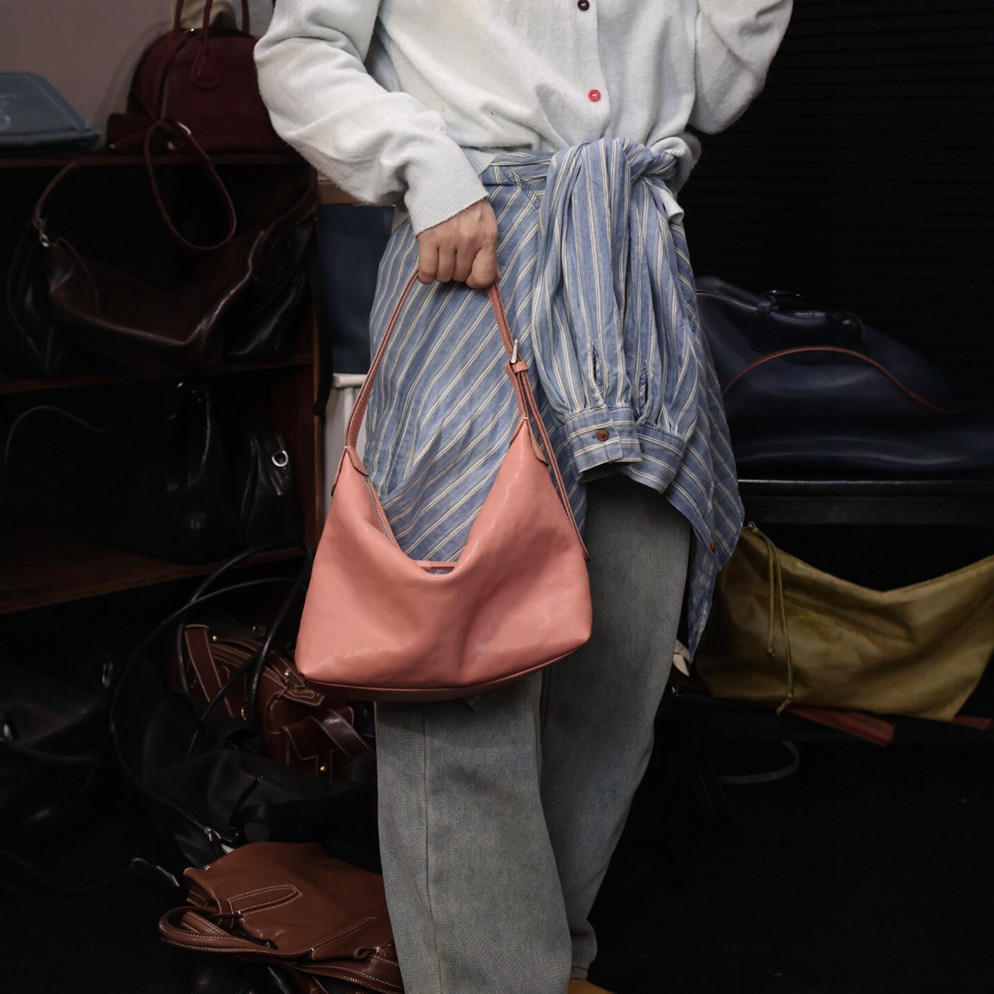 独行野兽原创Hobo头层植鞣牛皮腋下包斜挎包新款高级感粉色定制款,箱包皮具/热销女包/男包,腋下包,淘宝优惠券,粉丝福利购,淘宝优惠卷