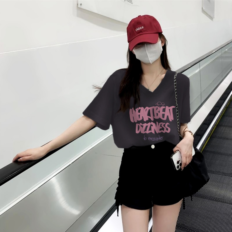 黑色短袖v领正肩女t恤女夏大码胖mm气质甜美宽松大领口显瘦上衣潮