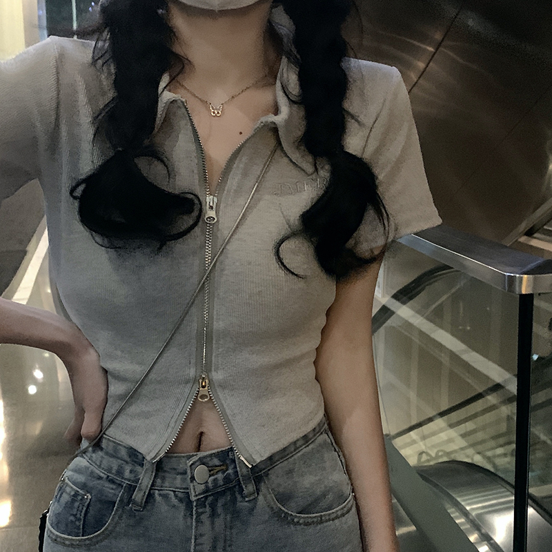 大码胖妹妹双拉链Polo衫短袖T恤女2025夏季新款修身显瘦正肩上衣