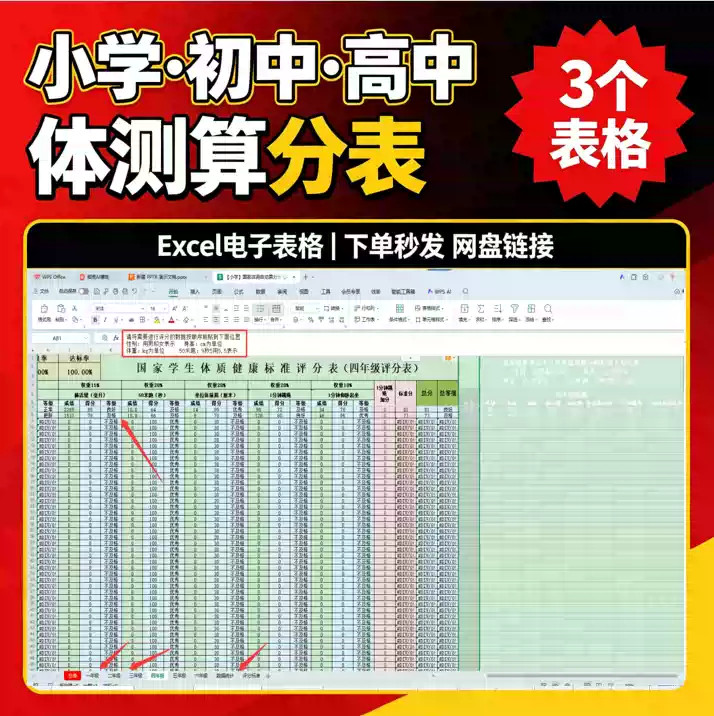 小学初中高中体测自动评分表体质健康测试成绩换算Excel公式模板
