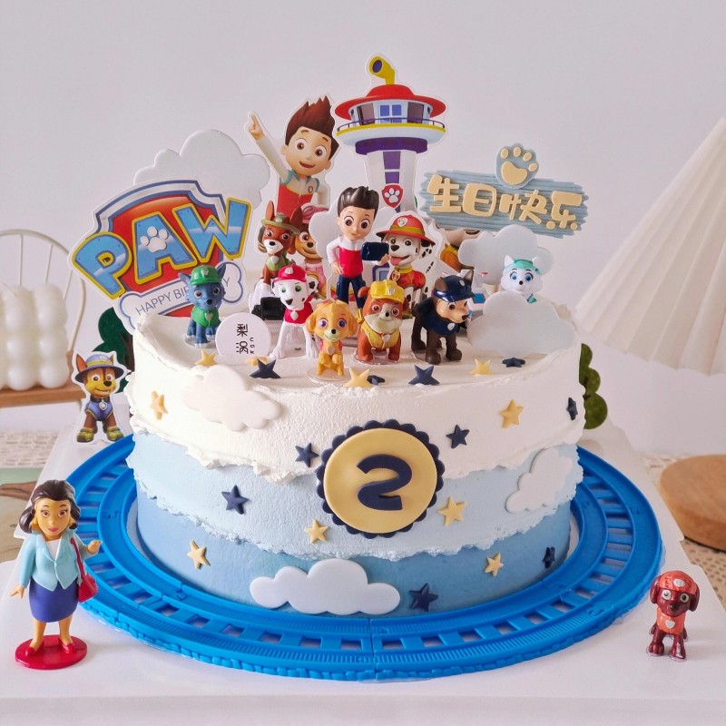 儿童生日卡通狗狗队蛋糕装饰摆件流苏彩虹起重机甜品装扮配件插件