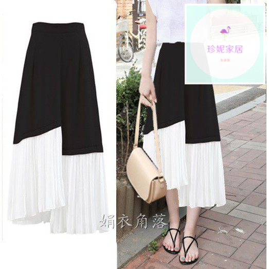 随季韩版黑白撞色高低不对称高腰半身裙百褶拼接宽松中长裙大码女|ruв категории Женская одежда, юбка - от Buy2taobao.com для оказания профессиональной услуги покупки агента Taobao