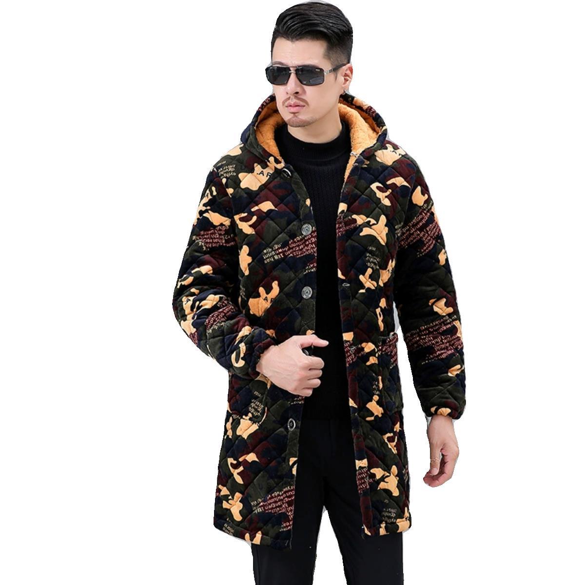 四川省服秋冬季加绒加厚罩衣长款棉衣外套宽松毛领厚大衣男工作服