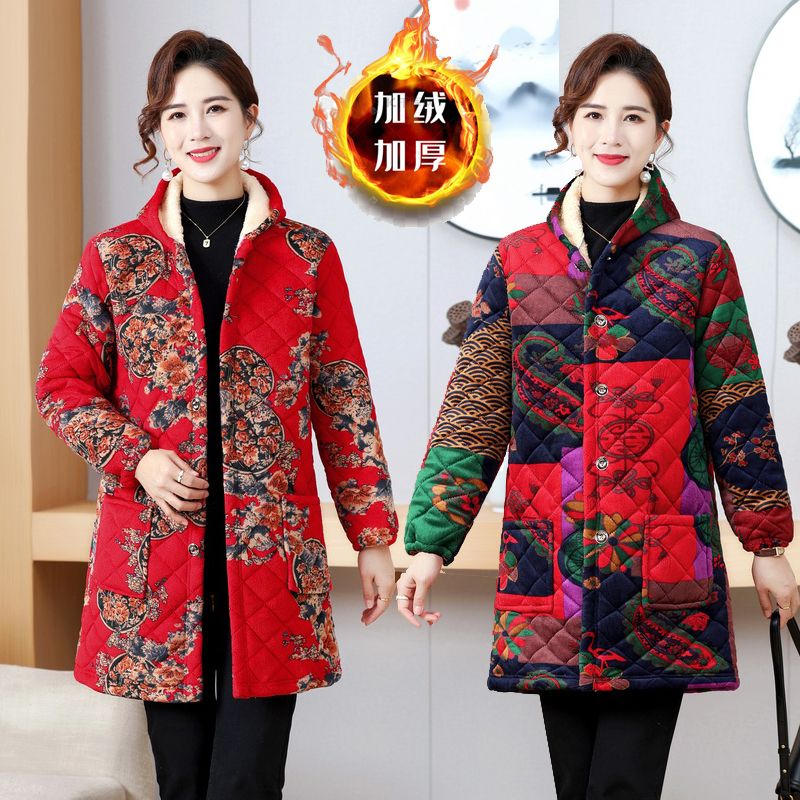 四川省服罩衣款妈妈冬装中长款加绒棉衣时尚印花棉袄外套加厚大衣