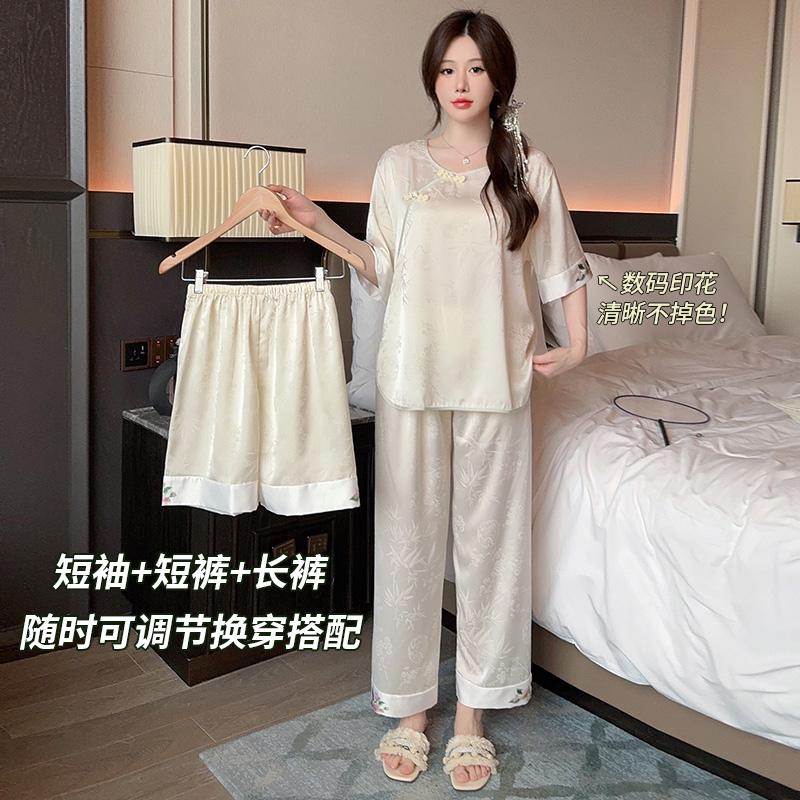 新中式睡衣夏季女冰丝国风新款丝绸短袖长裤三件套家居服短裤套装