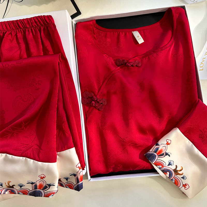 红色新中式国风冰丝睡衣结婚套装