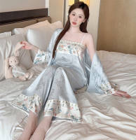 Spring and autumn ice silk cool new Chinese-style women's long-sleeved halter pajamas three-piece set home wear thumbnail 2