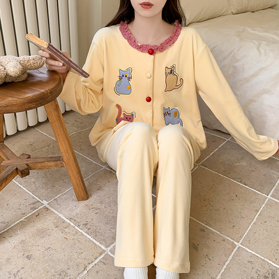 女可爱睡衣简约薄款海岛绒家套装