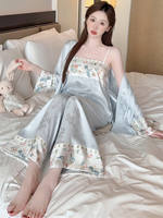 Spring and autumn ice silk cool new Chinese-style women's long-sleeved halter pajamas three-piece set home wear thumbnail 3