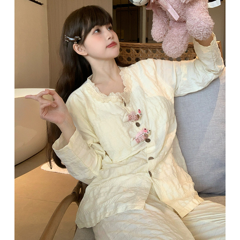 带胸垫云朵纯棉纱布睡衣女士套装图片