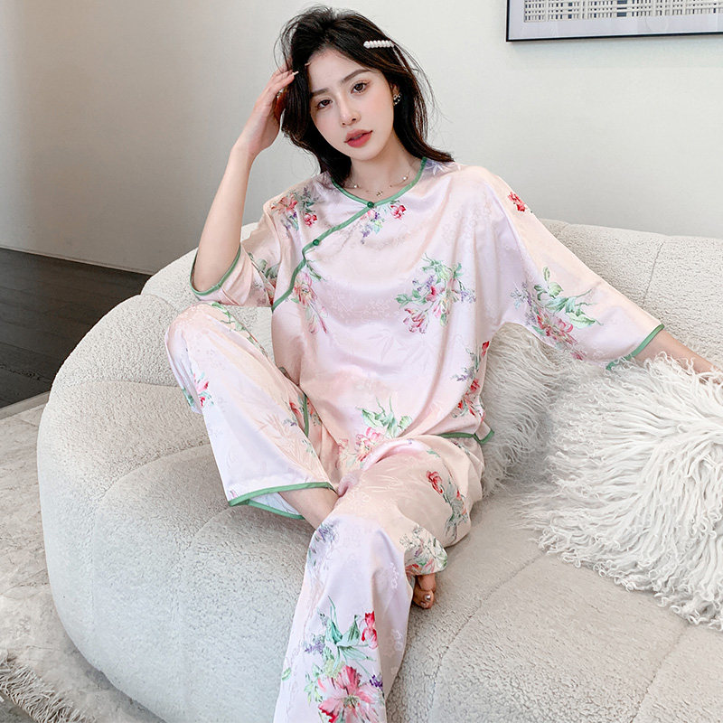 新中式睡衣女春秋冰丝薄款千金风家居服夏天旗袍国风盘扣丝绸套装