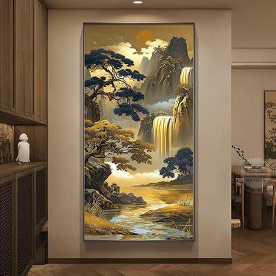 流水生财玄关装饰画宋代美学迎客松走廊挂画入户门正对墙带灯壁画