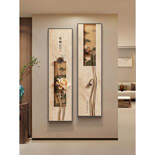 新中式玄关装饰画宋代美学竖版长条墙挂画禅意荷花茶室布置高级感