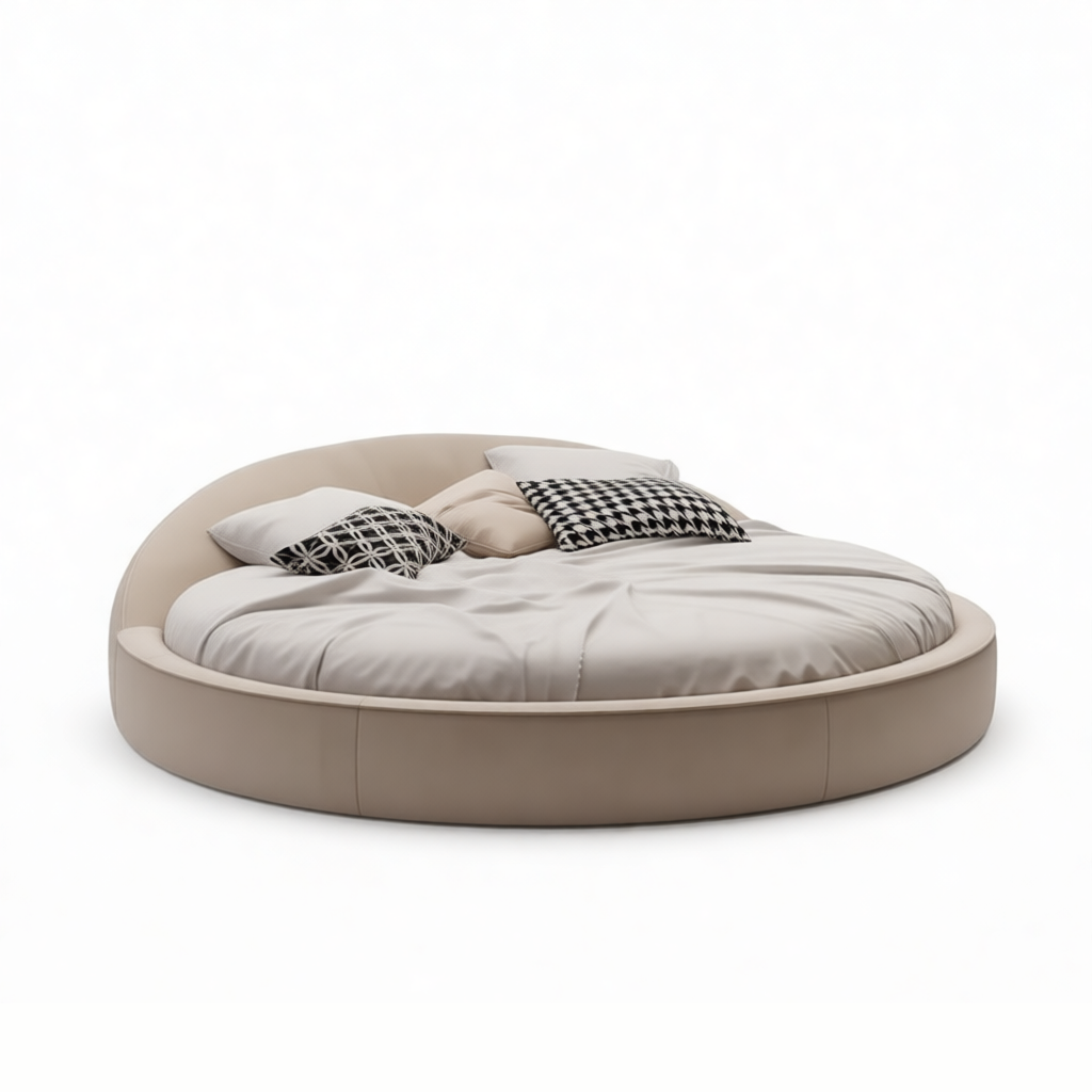 意式极简布艺圆床磨砂布双人床简约软床豪华别墅酒店公寓法式婚床