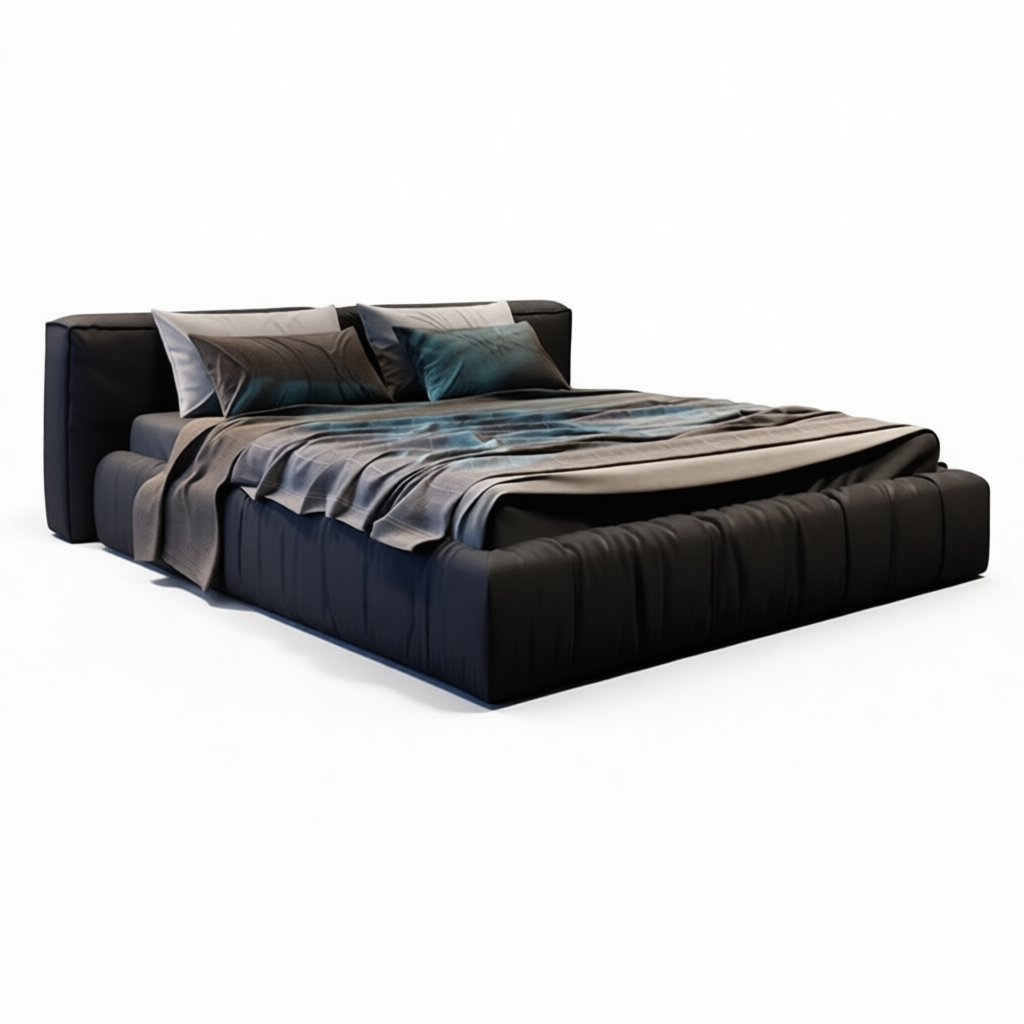 意式极简真皮床轻奢现代简约豆腐块双人大床主卧高端大气婚床黑色