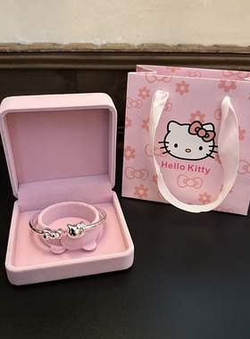 2026新款999足银Kitty猫手镯女生甜系蝴蝶结开口银镯子学生送闺蜜