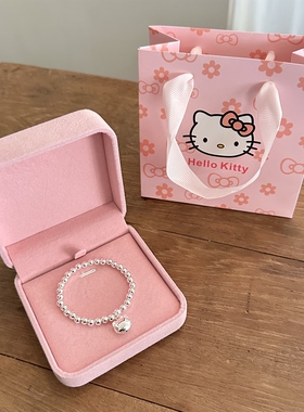 999足银Kitty猫手链女简约百搭圆珠纯银手串儿童大人送礼生日礼物