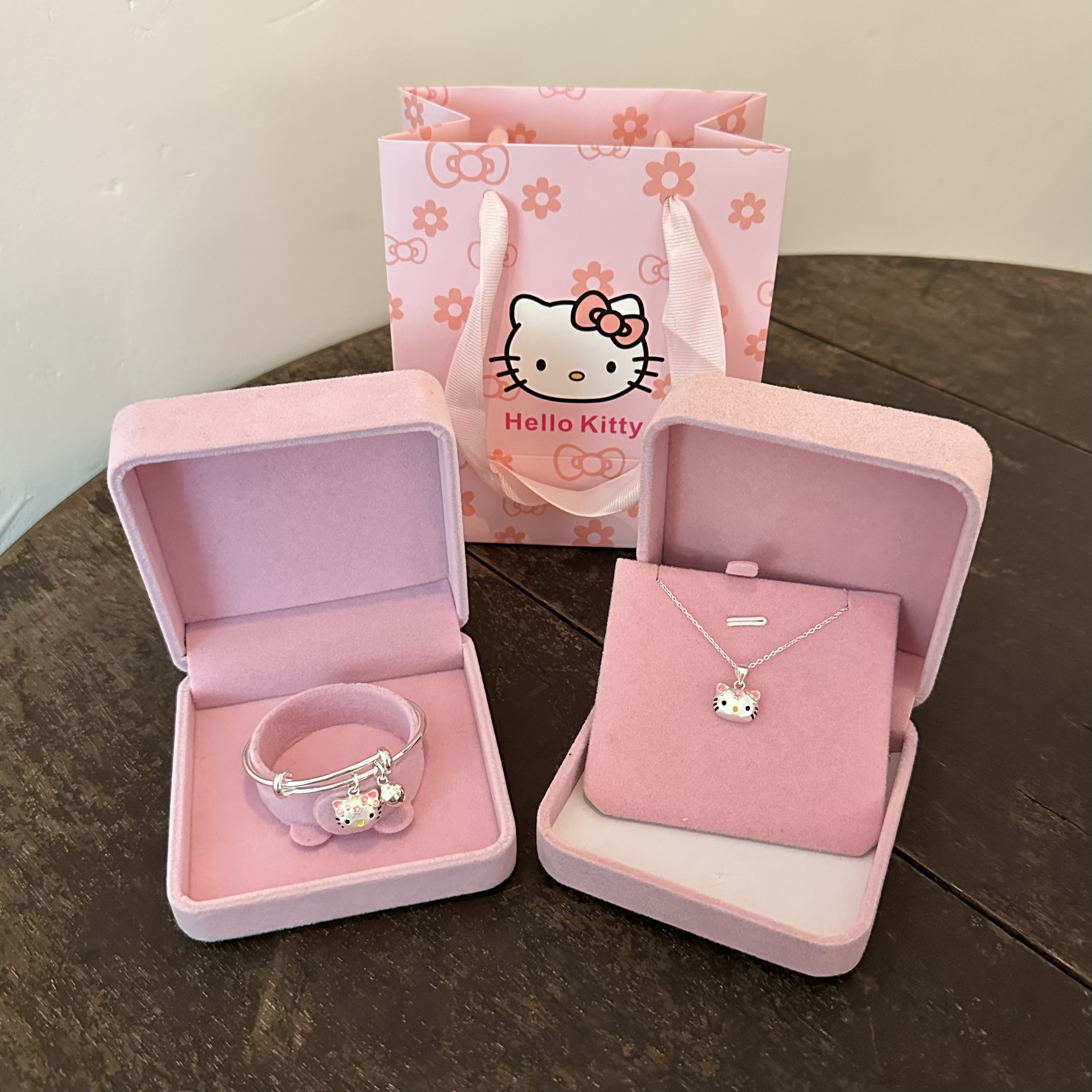 生日礼物铃铛银手镯女可爱Kitty吊坠项链送女友儿童银饰套装送礼