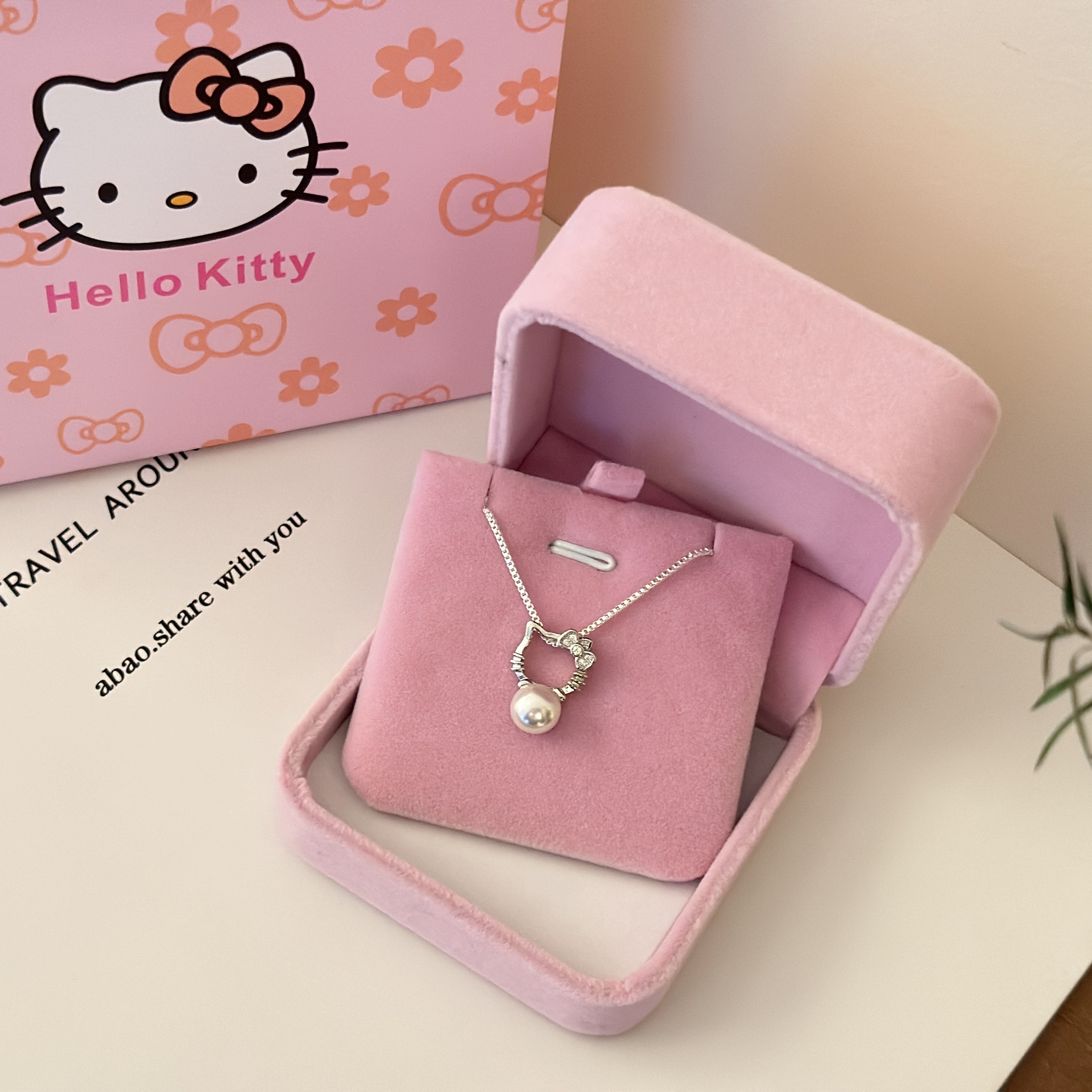 正品纯银淡水珍珠项链女日韩镶钻Kitty猫吊坠锁骨链送人生日礼物