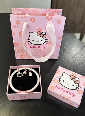 999足银HelloKitty铃铛手镯女平安喜乐实心银镯子生日送女友礼物