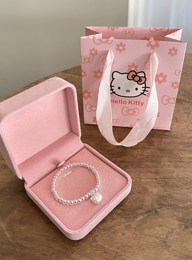 生日礼物999足银圆珠手链女生简约可爱Kitty吊坠手串宝宝儿童送礼