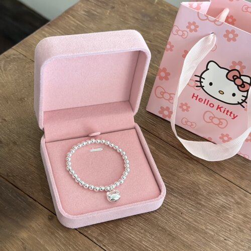 999纯银圆珠手链女可爱卡通Kitty猫吊坠手串宝宝儿童送人生日礼物