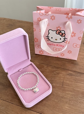 999足银圆珠手链女HelloKitty可爱吊坠手串儿童大人生日礼物银饰