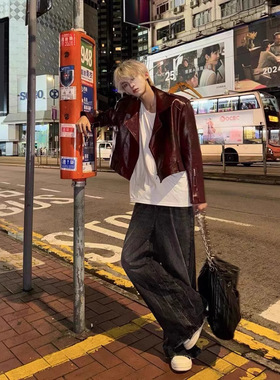 欧美重工安哥拉红高级感pu皮机车夹克外套男女嘻哈街头健身休闲潮