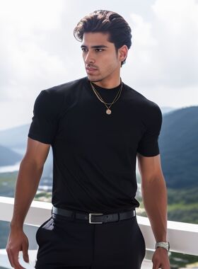 索罗娜凉感爆袖T男士休闲纯色短袖运动健身速干圆领夏季新款上衣