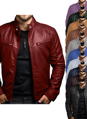 外贸亚马逊欧美男装机车皮衣夹克男士青少年立领朋克皮衣外套男批