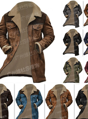 欧美2024秋冬男外套跨境麂皮绒拼色夹克亚马逊多口袋大衣11色多玛