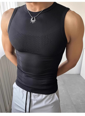 夏季男士无袖坎肩健身运动背心无缝高弹透气排汗速干户外紧身上衣