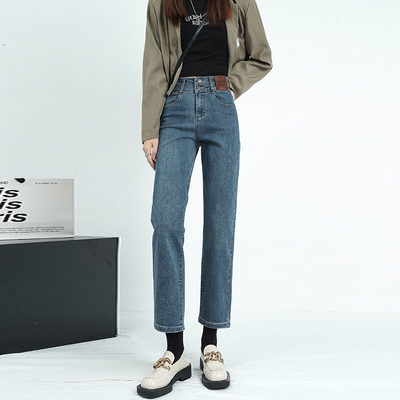 秋冬直筒烟管裤子加绒牛仔裤女