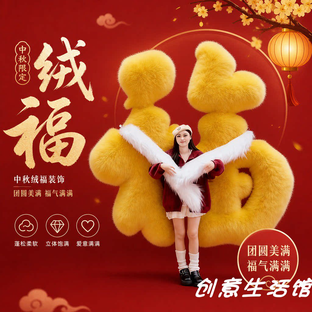 中秋毛绒福字抱抱福背景墙定制