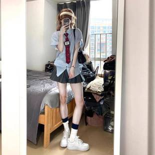 上衣高腰百褶裙两件套女 2025夏季 学院风美式 复古短袖 POLO领衬衫