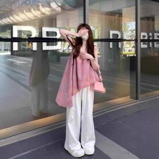 新款 韩系粉色格子背心女夏季 甜美设计感不规则下摆吊带裙子上衣潮