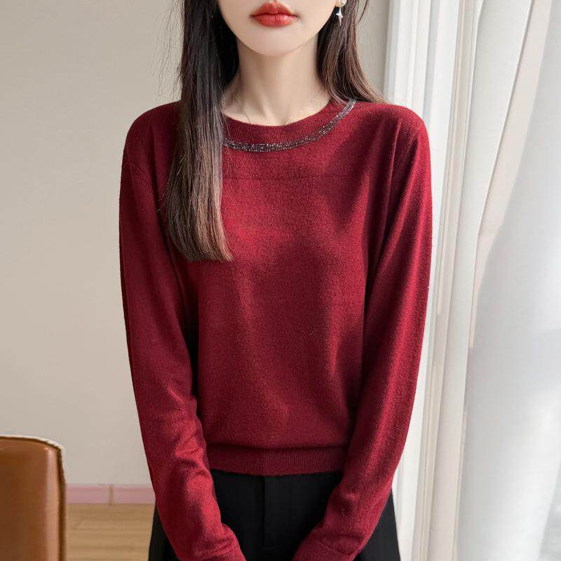 春季新款宽松大码毛衣女士女装圆领长袖套头上衣重工烫钻针织衫女